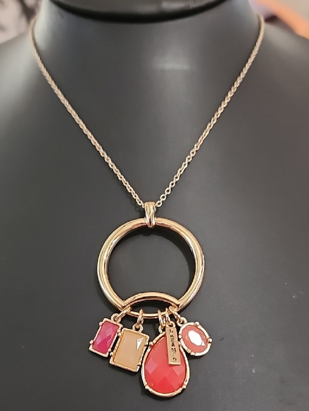 Gold-Tone Pendant Necklace with Pink and Coral Gem Charms